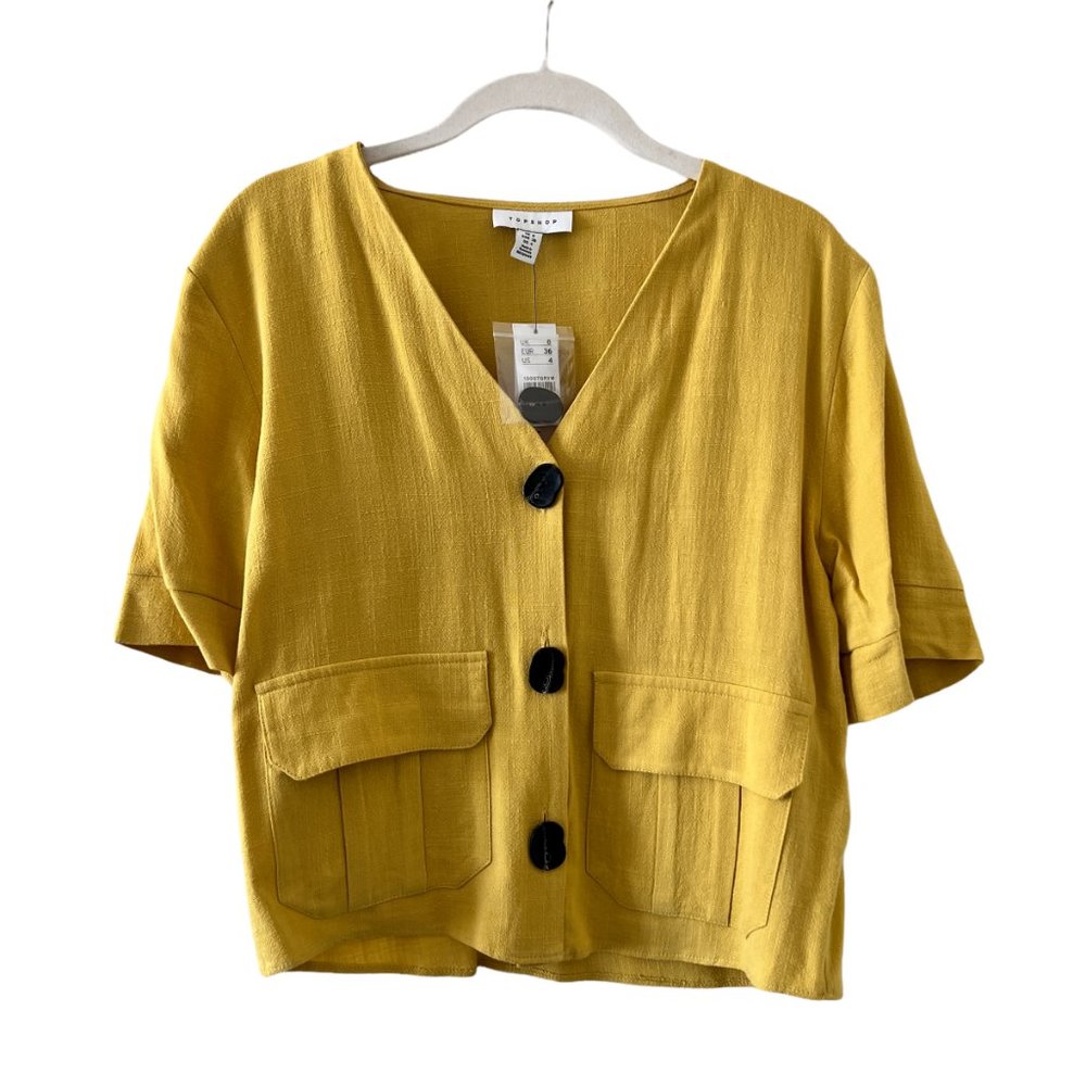 NWT Topshop Yellow Button Down Short Sleeve Shirt Size 4